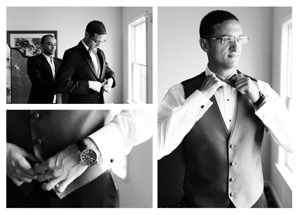 groom prep, getting ready, tux, suit, tie, candids, black and white, lifestyle
