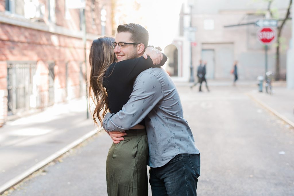 sweet hug in village during nyc engagement session