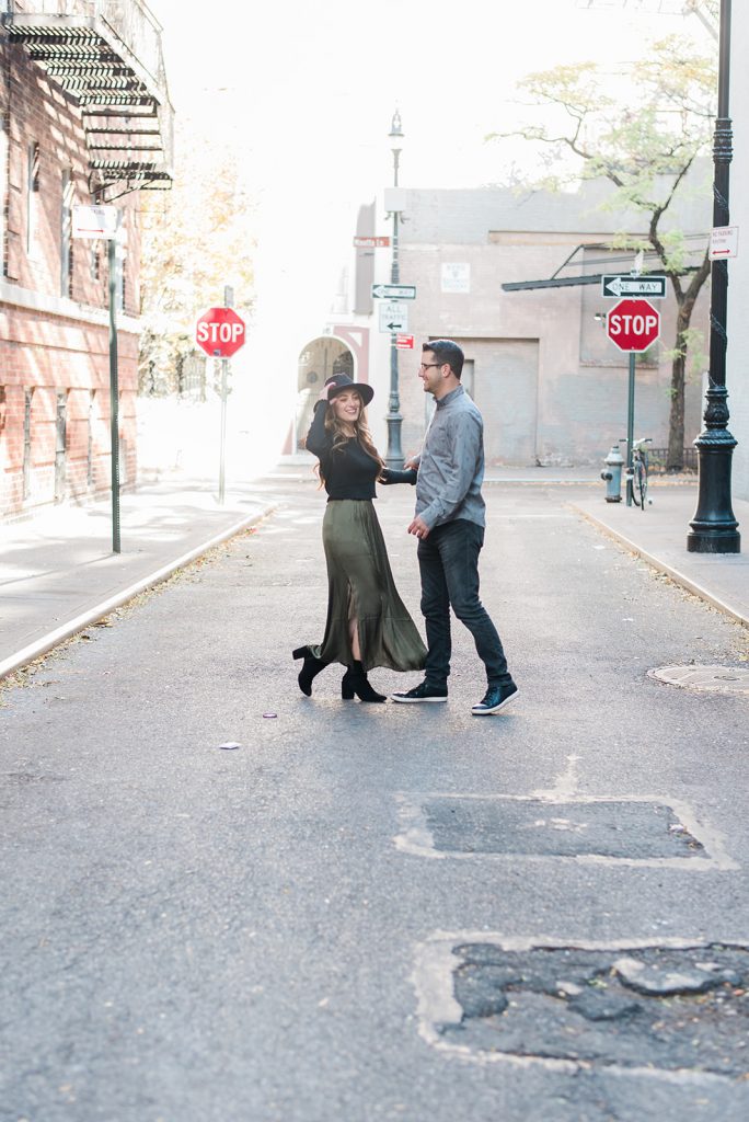 couple having fun in the village in nyc engagement session