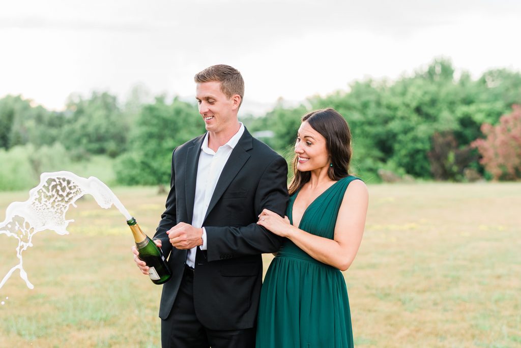 champagne shot during engagement session