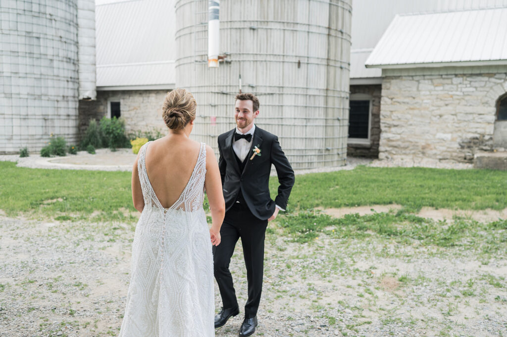 first look at stone barn at beardslee wedding, little falls, ny
